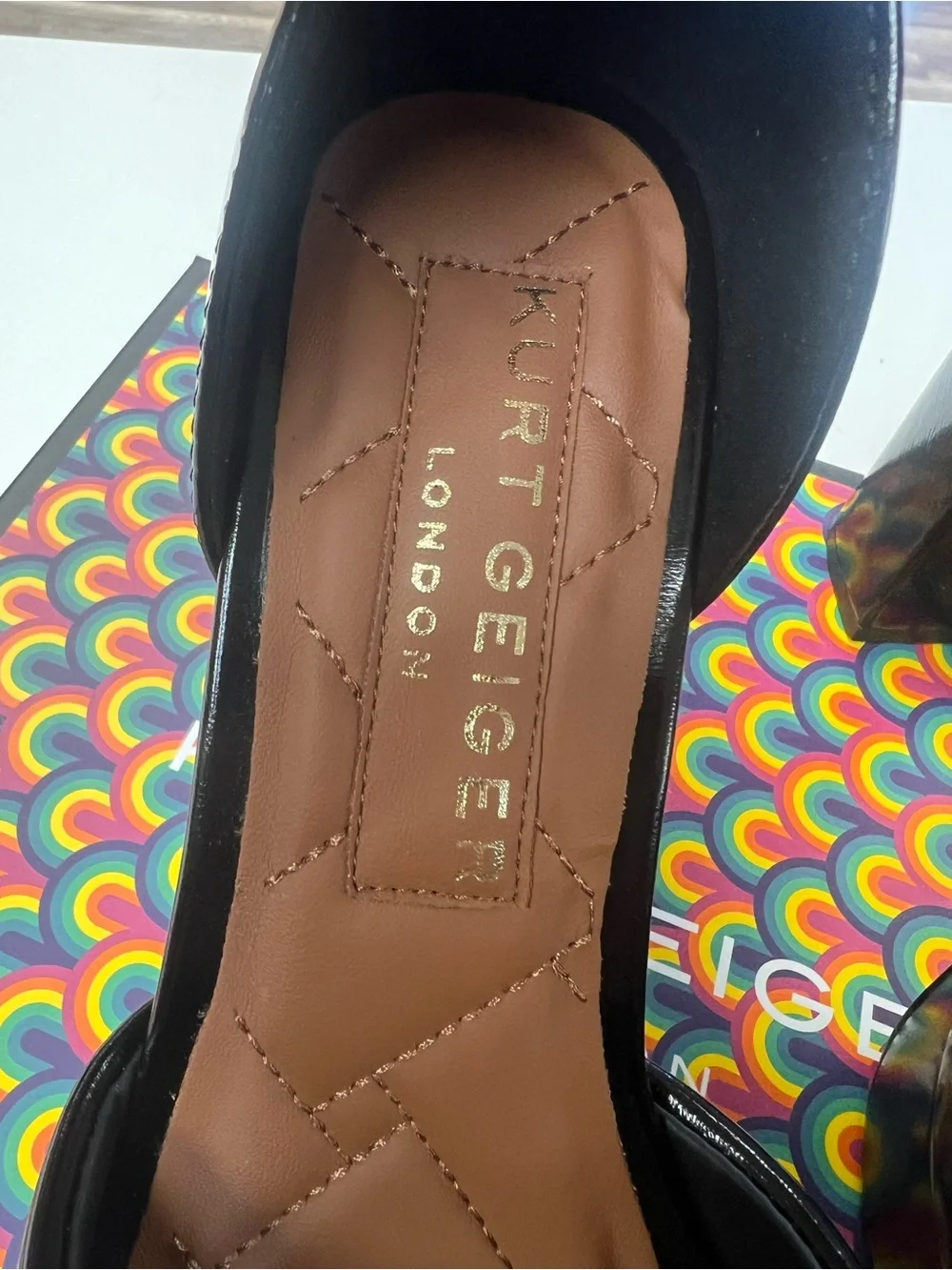 Kurt Geiger Black Patent Platform Sandals with Gold Crystal Medallion